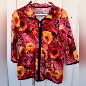 Onque Casuals women's zip-up jacket size medium bright red, orange, yellows EUC